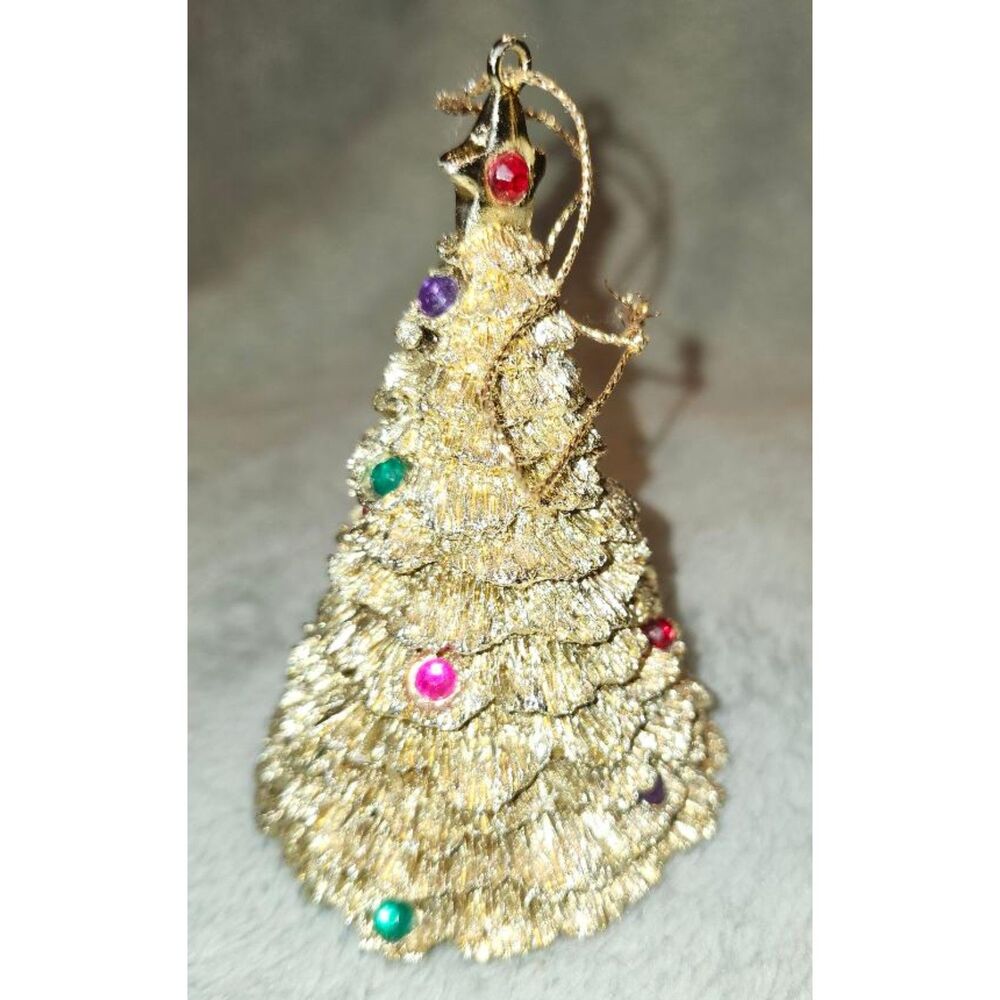 T2 Vintage 1996 Avon Christmas Gold Sparkle Tree 4” Metal Jeweled Ornament